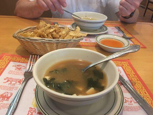 Miso soup and wonton soup. Tasty!