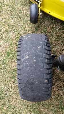 Tire wore out after just 63 hours of normal lawn mowing.