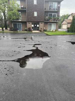 Puddles in brand new asphalt