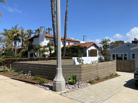 New enclosed front yard with horizontal fence in Pt. Loma, designed and built b Landscape Logic