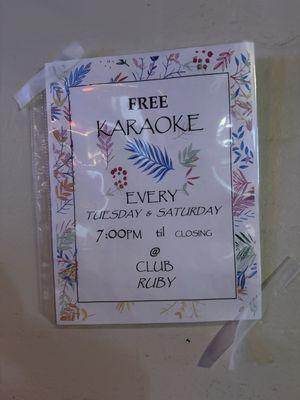 Free Karaoke Tuesday and Saturday flyer