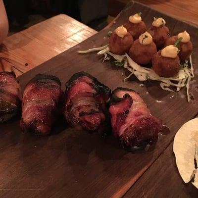 Chorizo stuffed dates wrapped in bacon...  I would eat them all day, every day if I could! Perfection!