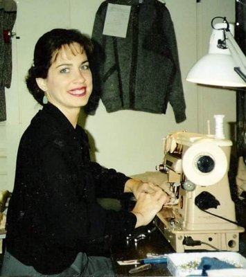 Nancy sewing in one of her Alterations business 1992 c (same machine, same hair style)