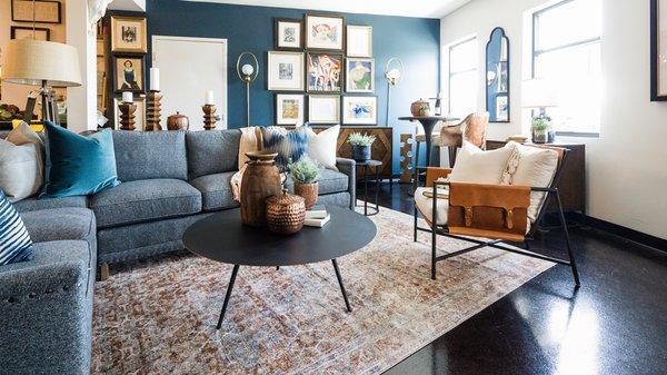 A beautiful contrast of deep navy blue and warm natural textures.