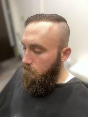 Bald fade, into tight tapered beard trim/shape up