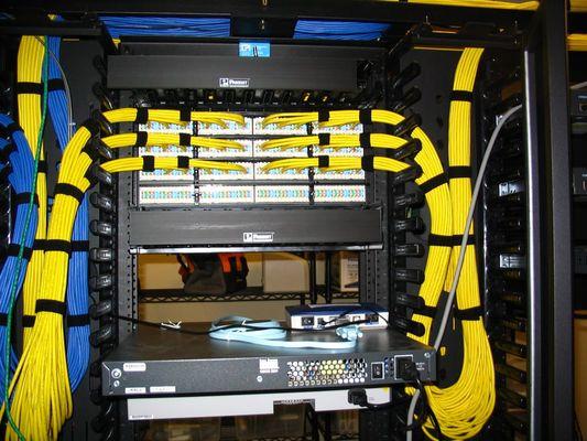 Patch panel separation between data, printers and voip. With proper wire color coordination