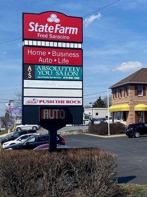 New office sign for Fred Saracino State Farm Office! Auto, Home, Business, and Life Insurance available.