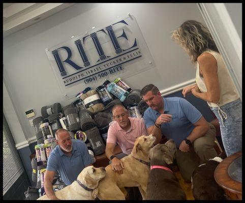 We have a dog friendly office. 2-7 dogs come to work each day. I love all of the dogs.