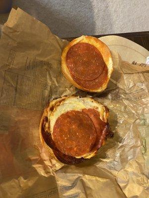 Pepperoni bagel sandwich inside