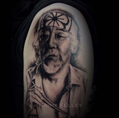 Mr. Miyagi (Pat Morirta), portrait tattoo (left upper arm ) by Dawn