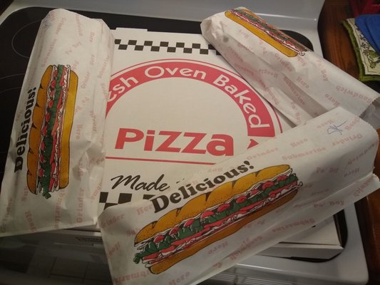 Three full footlong subs and a large cheese and pepperoni pizza for $24!