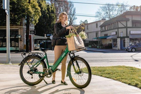 Flow - 500 w motor, 55 lbs, 20 mph, 50 mile range, 8-speed step through e-bike in Forest Green