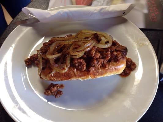 Chili dog with grilled onions