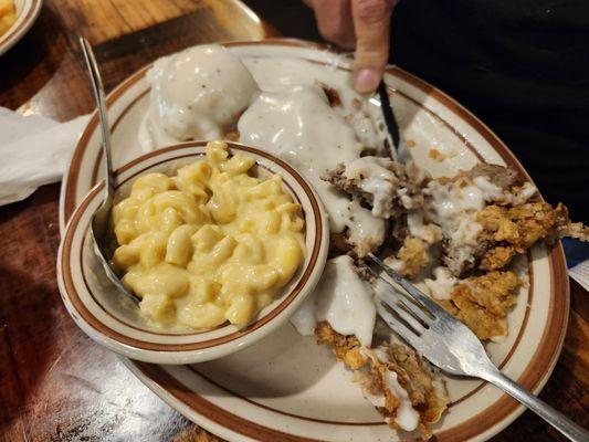 Chicken fried steak, mashed taters, gravy, Mac n cheese