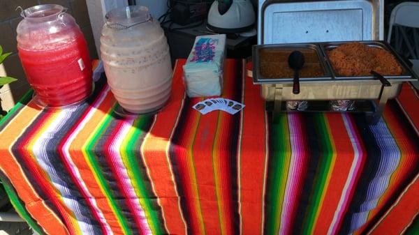 Agua de Fresa (Strawberry Water) and Horchata, Rice and Beans