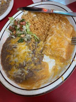 Lunch combo #1 cheese enchilada with rice and beans.