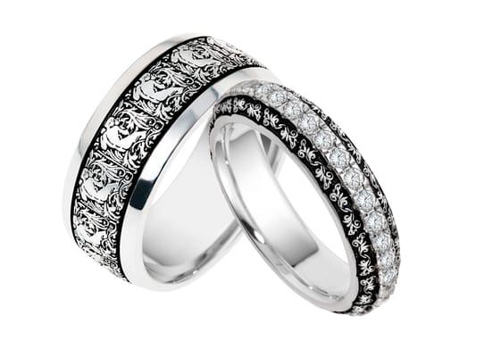 Vintage inspired wedding rings and wide bands, with and without diamonds. Available in sterling silver, gold, or platinum.