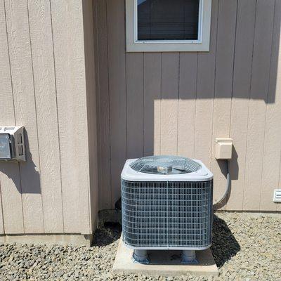 This unit had sunk down and bent refrigerant lines. Installed new risers. Happy customers