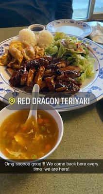 Family platter with all teriyaki chicken and there awesome soup!