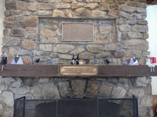 The fireplace in the lodge.