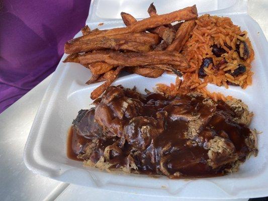 Jerk Pork with Sweet Potato Fries, and Jag Rice