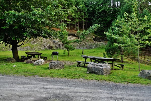 Picnic benches next to barns.