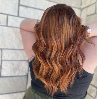 Fiery red with copper hues. Done by Cat K