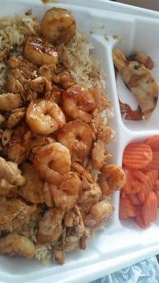 Chicken and Shrimp Hibachi with Carrots and a Fried Chicken Dumpling