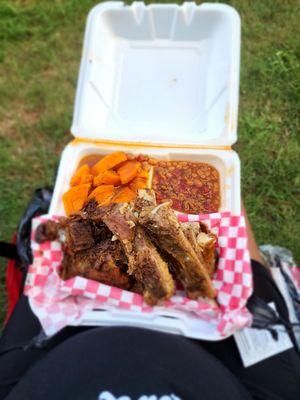 Ribs, Smoked Neck Bones, Bro Baked Beans, Candied Yams