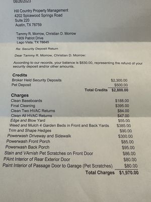 Charges assessed. Work not done, just estimated. Look at cleaning, landscaping and power washing charges. Is that a renters responsibility?