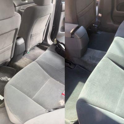 The before-and-after interior detail photo shows a remarkable transformation from grime to brand new perfection