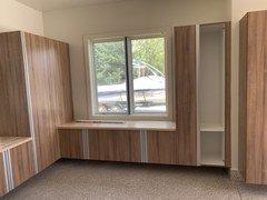 Bluff Finish with maple butcher block bench top.