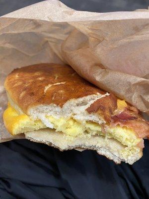 Sausage Egg and cheese Pretzel except it's bacon.