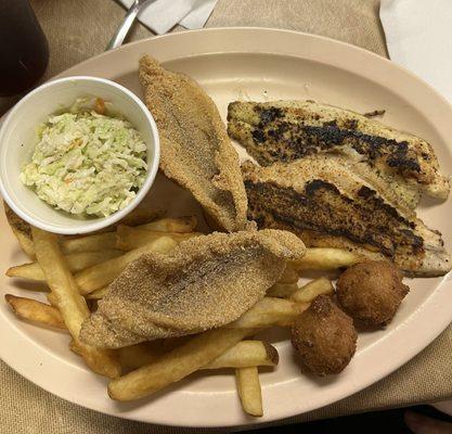 Combo platter with fried catfish and lemon blackened catfish