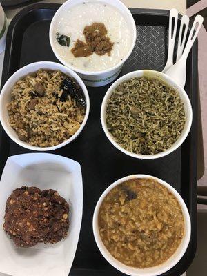 Puliyogre, vada, curd rice, sambar rice , mint rice