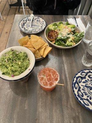 Chips and quac  Ceaser salad  Strawberry margarita