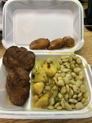 3 item plate with Lima beans, plantain, and Un-Fish Cakes