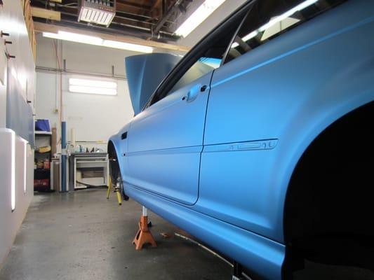 BMW E46 M3 wrapped in Matte Lagoon Blue Metallic by Gorilla Mad Film Wraps