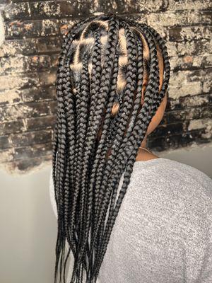 Knotless braids using pre prepped Kanekalon fiber.