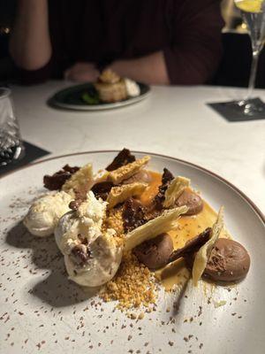 Deconstructed chocolate tart with salted caramel ice cream