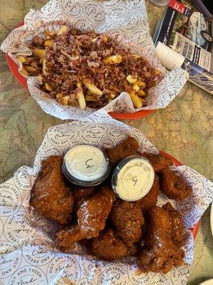 Bacon cheesy fries and buffalo wings