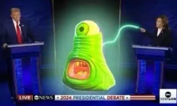 Real sighting of kamala harris SUMMONING Nickelodeon alien from finger being shown on LIVE television during presidential debate.