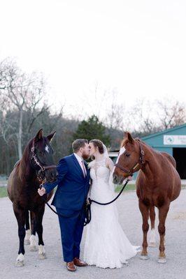 Bride & Groom Portrait with horses, Innsbrook, MO