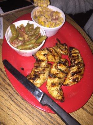 Green Chile Corn, Green Beans, Grilled Chicken Strips