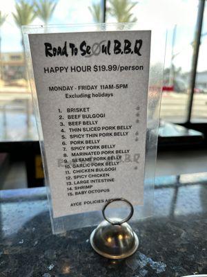 Happy hour Mon-Fri $19.99/person