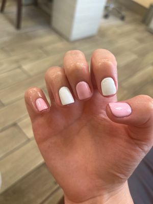 My Gel Manicure! I got colors 599 sunset pink and 56 chalk-white.