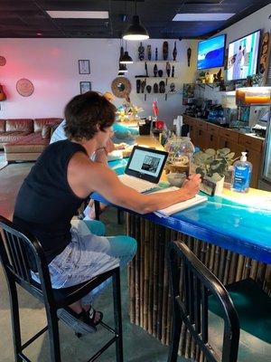 Working on school at the bar