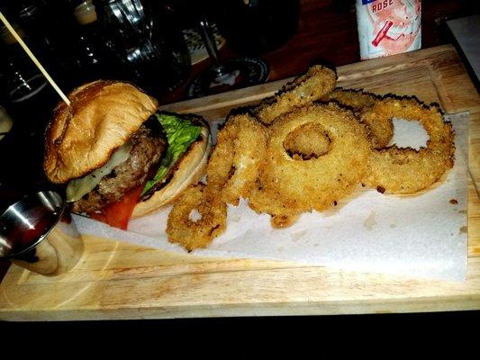 Another angle of the 305 Burger with crispy rings