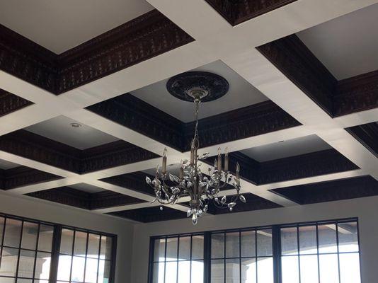 Beautiful Detail of Client Ceiling and Crystal Chandelier in their Great Room, progress photo