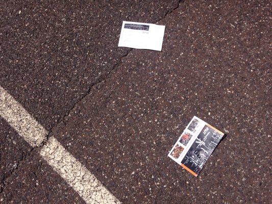 Leaflets litter the ground after iRoy put them on cars earlier this week. Such a minor thing, but still disrespectful & irresponsible.